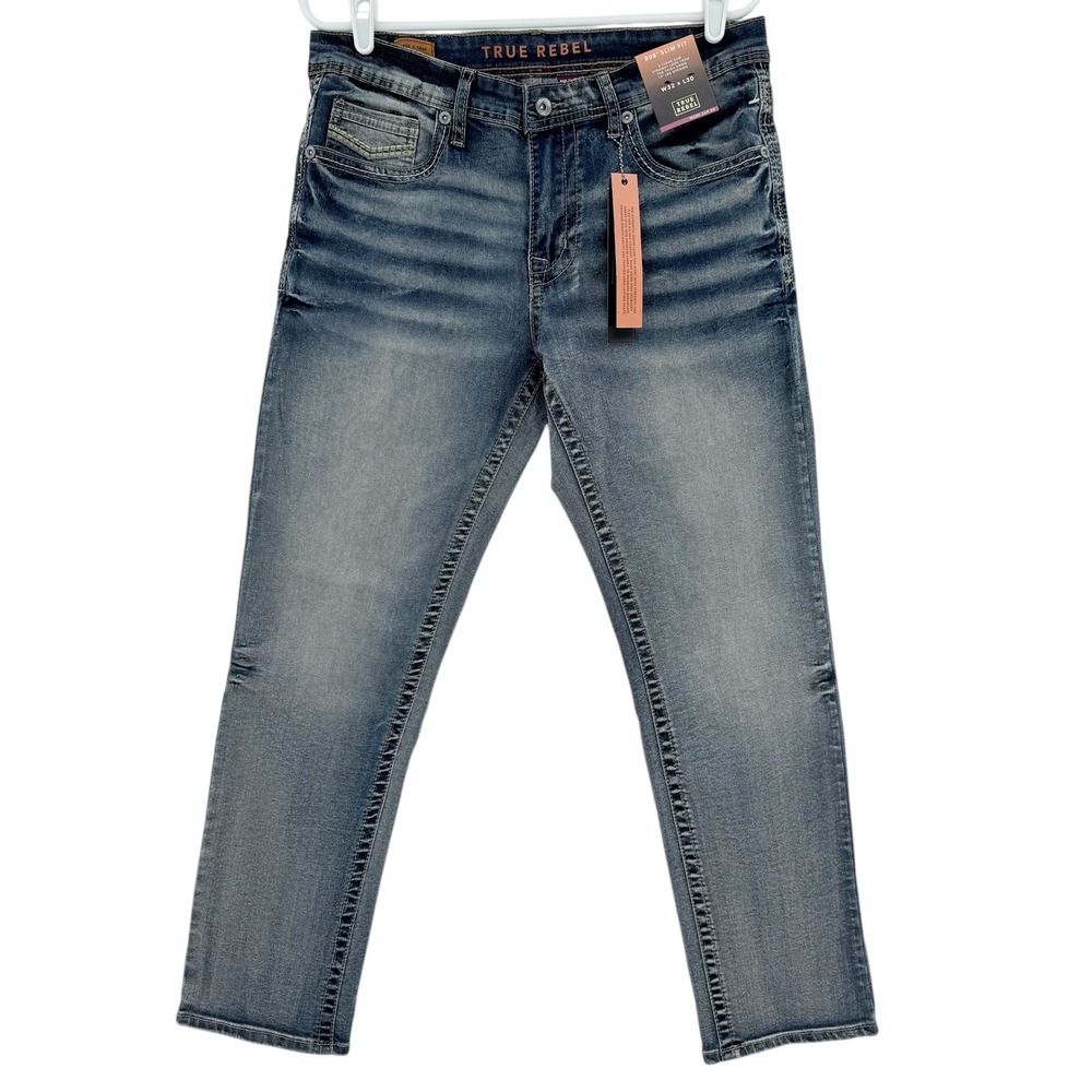 True Rebel Mens 808 Slim Fit Urban Minimalist Blue Denim Jeans 32x30 Stretch NWT